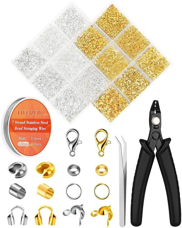Main image of 1950 Pcs Jewelry Making Cord End Kit,Crimp Tube Beads with Organizer Box,Includes Crimp Beads, Cover, Lobster Clasp,Jump Ring,Wire Guardians,Crimping Pliers & Beading Wire for Bracelets Necklace
