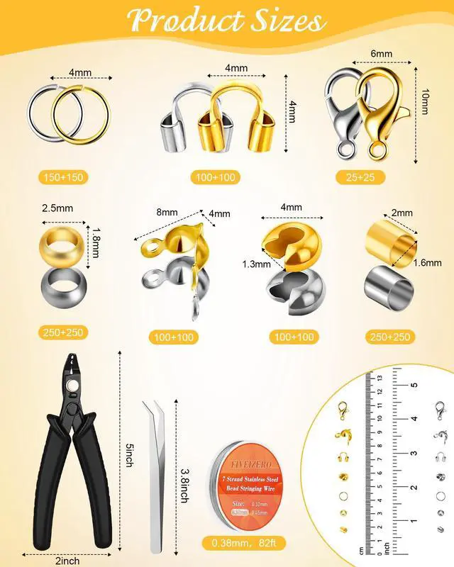 Alt view image 2 of 6 - 1950 Pcs Jewelry Making Cord End Kit,Crimp Tube Beads with Organizer Box,Includes Crimp Beads, Cover, Lobster Clasp,Jump Ring,Wire Guardians,Crimping Pliers & Beading Wire for Bracelets Necklace