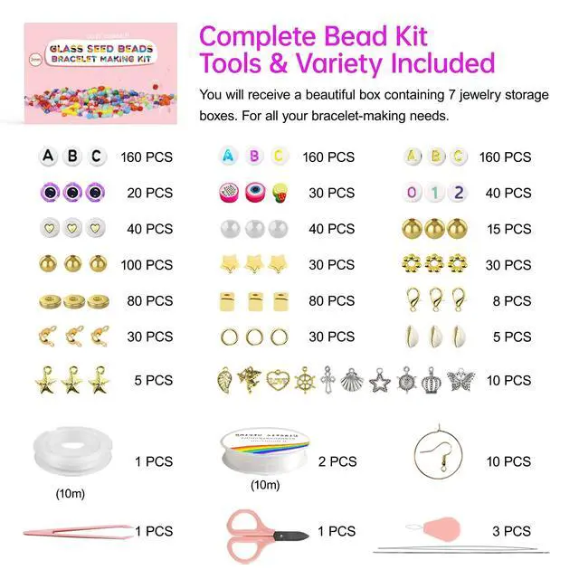 Alt view image 4 of 7 - 3mm Glass Seed Beads for Jewelry Making, 8000PCS Bracelet Making Kit | 24 Colors Small Beads with Letter Beads and Elastic String, DIY Art Craft Girls Adults Gifts