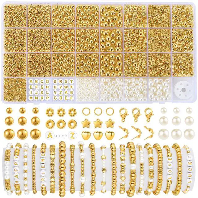 Main image of 2500Pcs Spacer Beads for Jewelry Making, Gold Beads for Bracelets | 4mm 6mm 8mm Spacer Loose Ball Round Bead Star Pearls Letter Bead for DIY Bracelet Jewelry Making Craft