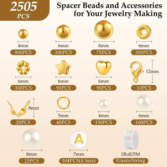 Alt view image 4 of 5 - 2500Pcs Spacer Beads for Jewelry Making, Gold Beads for Bracelets | 4mm 6mm 8mm Spacer Loose Ball Round Bead Star Pearls Letter Bead for DIY Bracelet Jewelry Making Craft