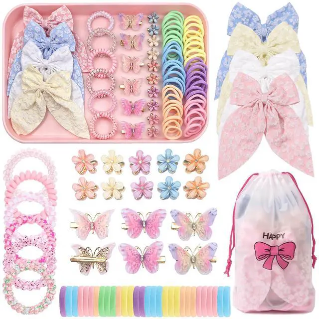 Main image of 76Pcs Pink Little Girls Hair Accessories Set with Elastic Hair Ties Clips | Elastic Spiral Hair Ties for Thick Hair,Crystal Flower Hair Claws, Butterfly Hair Clips, Large Hair Bows for Toddlers Teens