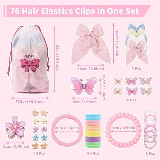 Alt view image 2 of 7 - 76Pcs Pink Little Girls Hair Accessories Set with Elastic Hair Ties Clips | Elastic Spiral Hair Ties for Thick Hair,Crystal Flower Hair Claws, Butterfly Hair Clips, Large Hair Bows for Toddlers Teens