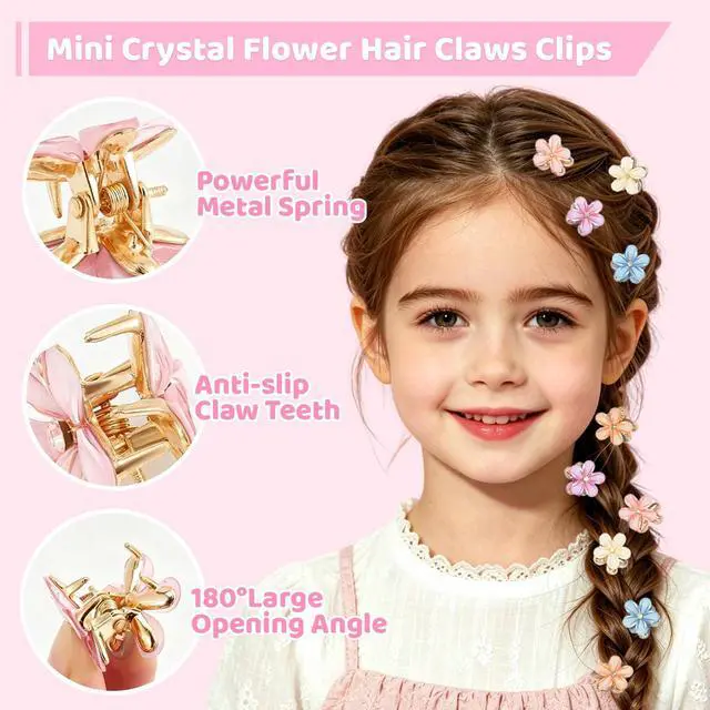 Alt view image 5 of 7 - 76Pcs Pink Little Girls Hair Accessories Set with Elastic Hair Ties Clips | Elastic Spiral Hair Ties for Thick Hair,Crystal Flower Hair Claws, Butterfly Hair Clips, Large Hair Bows for Toddlers Teens