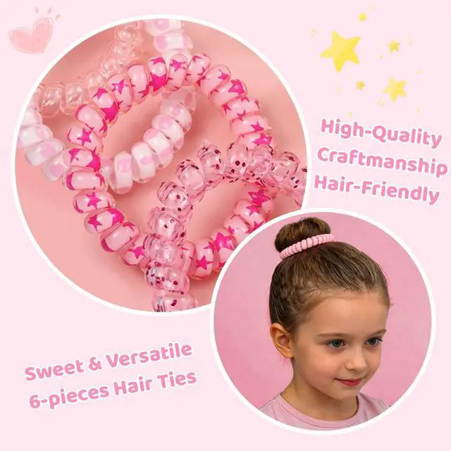 Alt view image 6 of 7 - 76Pcs Pink Little Girls Hair Accessories Set with Elastic Hair Ties Clips | Elastic Spiral Hair Ties for Thick Hair,Crystal Flower Hair Claws, Butterfly Hair Clips, Large Hair Bows for Toddlers Teens