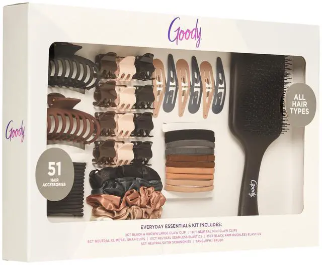Main image of Hair Accessories Kit, Everyday Essentials for Women - 51 PC Neutral Color Set for All Types - Ouchless Damage-Free Ties, SlideProof Claw Clips, Snap Clips, Scrunchies, Tanglefix Brush