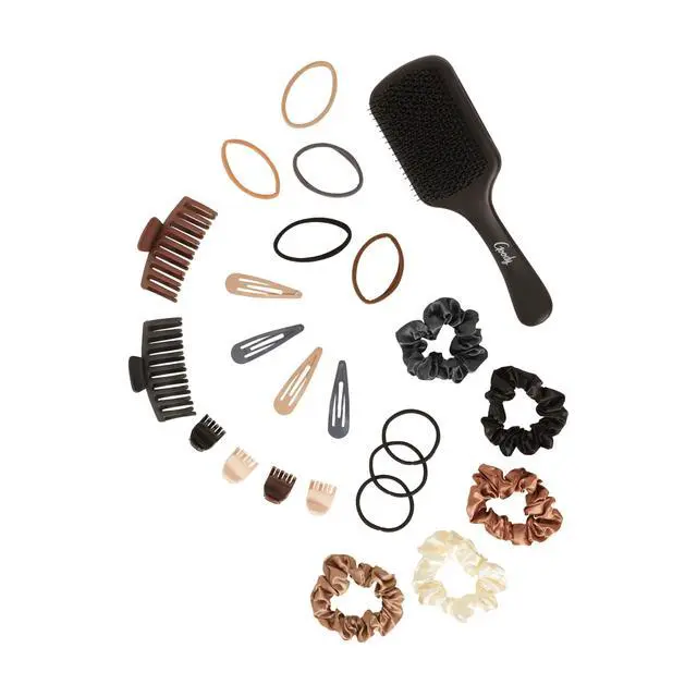 Alt view image 2 of 7 - Hair Accessories Kit, Everyday Essentials for Women - 51 PC Neutral Color Set for All Types - Ouchless Damage-Free Ties, SlideProof Claw Clips, Snap Clips, Scrunchies, Tanglefix Brush
