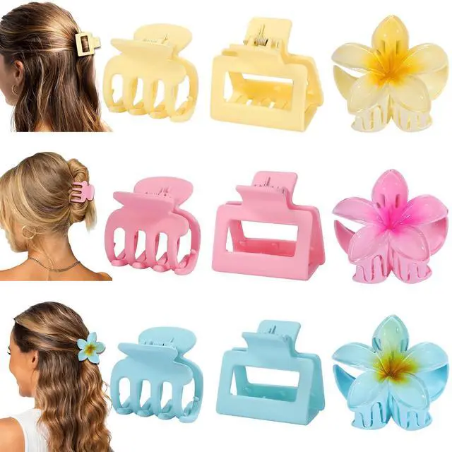 Main image of Flower Hair Claw Clips for Women, 9 Pack, 3 Styles, Pink | Medium and small sizes, flower, square and classic styles for thin or thick hair, ideal for everyday styling and vacations