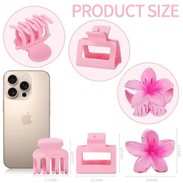 Alt view image 3 of 7 - Flower Hair Claw Clips for Women, 9 Pack, 3 Styles, Pink | Medium and small sizes, flower, square and classic styles for thin or thick hair, ideal for everyday styling and vacations