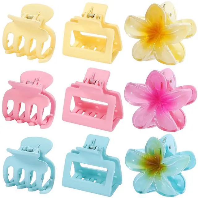 Alt view image 7 of 7 - Flower Hair Claw Clips for Women, 9 Pack, 3 Styles, Pink | Medium and small sizes, flower, square and classic styles for thin or thick hair, ideal for everyday styling and vacations