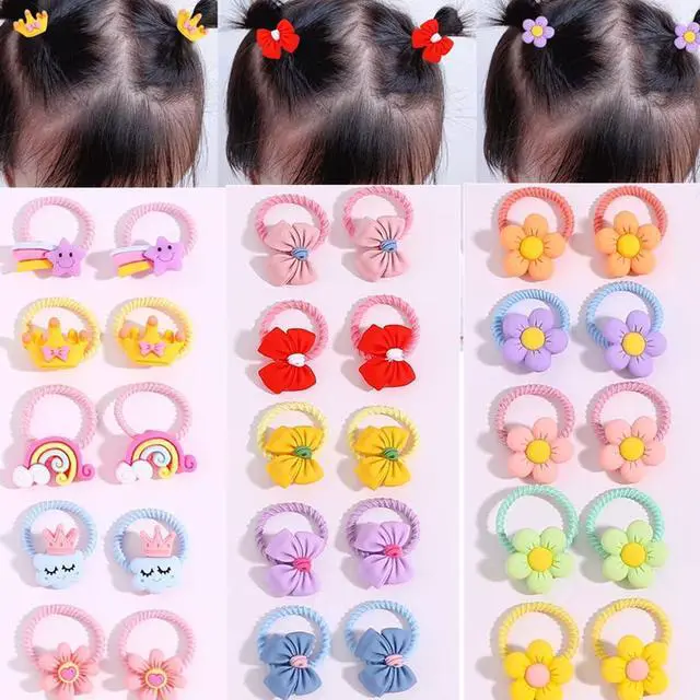 Main image of 30pcs Toddler Hair Ties,Cartoon Bow,Flowers,Rainbows,Crowns Style with Rubber Band for Girls,Elastic No Damage Tiny Hair Sruchies,2-8Years/Adult's Fine,Pastel Colors