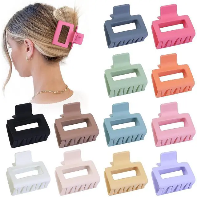 Main image of 2 Inch Medium Hair Claw Clips 12 Pcs Square Hair Clips for Thin Hair Matte Nonslip Acrylic Banana Jaw Clips Bulk Hair Accessories for women and Girls - Colorful