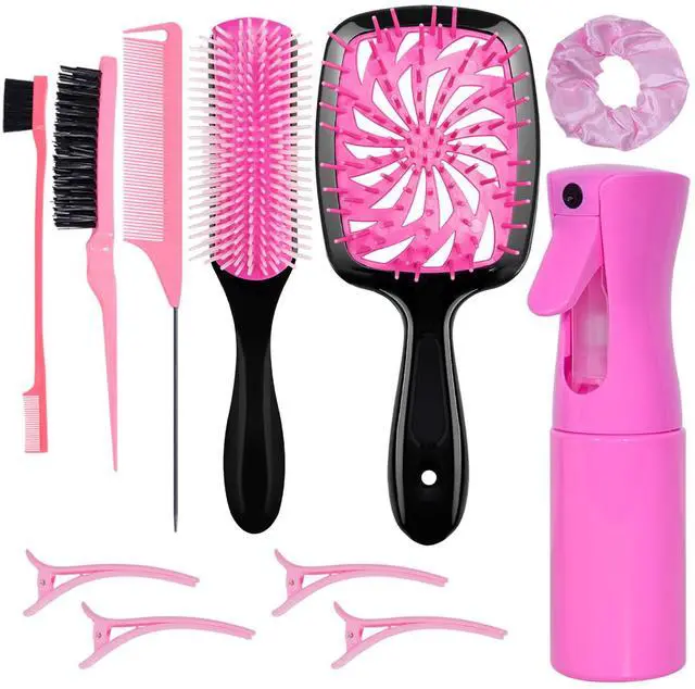 Main image of 11-Piece Hair Brush Set with Detangling Brush and Hair Spray Bottle, Pink | Complete styling kit for women and kids with curly, thick or natural hair; suitable for wet or dry detangling and styling.