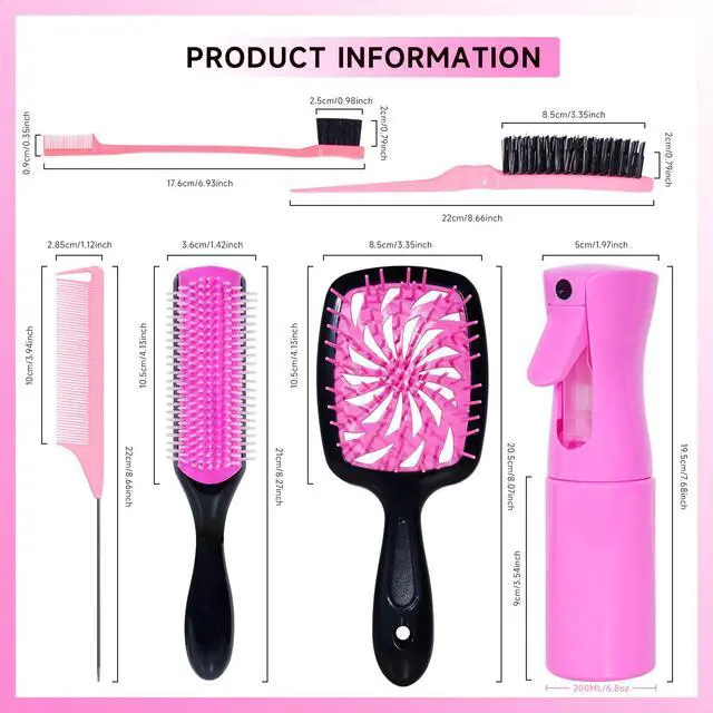 Alt view image 6 of 7 - 11-Piece Hair Brush Set with Detangling Brush and Hair Spray Bottle, Pink | Complete styling kit for women and kids with curly, thick or natural hair; suitable for wet or dry detangling and styling.