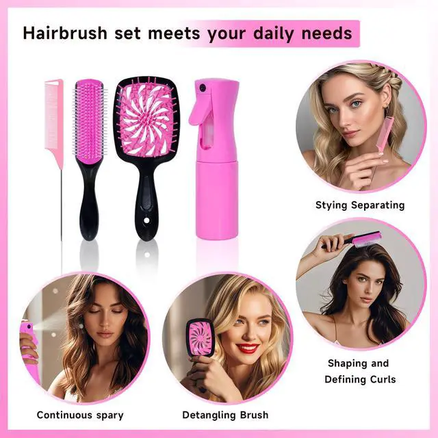 Alt view image 7 of 7 - 11-Piece Hair Brush Set with Detangling Brush and Hair Spray Bottle, Pink | Complete styling kit for women and kids with curly, thick or natural hair; suitable for wet or dry detangling and styling.