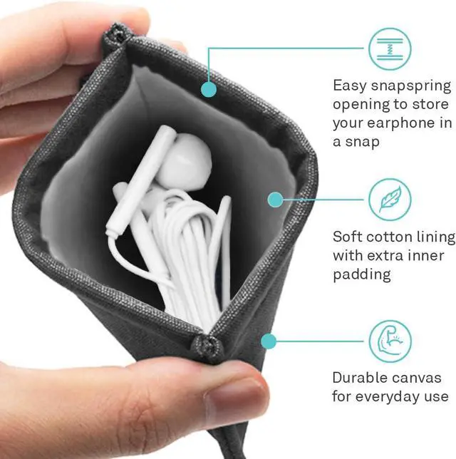 Alt view image 2 of 5 - Pocket Snap & Store Earphone Case Pouch, Black with Solid Grey Interior