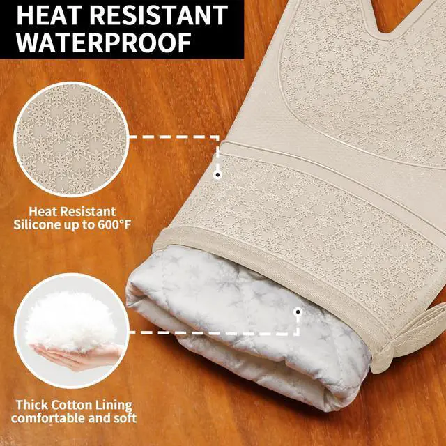 Alt view image 3 of 7 - Silicone Oven Mitts, Heat Resistant 500F Kitchen Mitts 2PCS, 11.6" BPA-Free Soft Baking Gloves, Non-Slip Grip Oven Gloves with Soft Cotton Lining for Kitchen Cooking Baking BBQ - Apricot