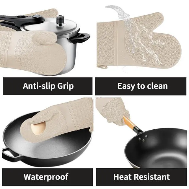 Alt view image 4 of 7 - Silicone Oven Mitts, Heat Resistant 500F Kitchen Mitts 2PCS, 11.6" BPA-Free Soft Baking Gloves, Non-Slip Grip Oven Gloves with Soft Cotton Lining for Kitchen Cooking Baking BBQ - Apricot