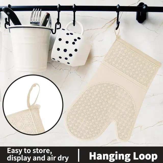 Alt view image 6 of 7 - Silicone Oven Mitts, Heat Resistant 500F Kitchen Mitts 2PCS, 11.6" BPA-Free Soft Baking Gloves, Non-Slip Grip Oven Gloves with Soft Cotton Lining for Kitchen Cooking Baking BBQ - Apricot