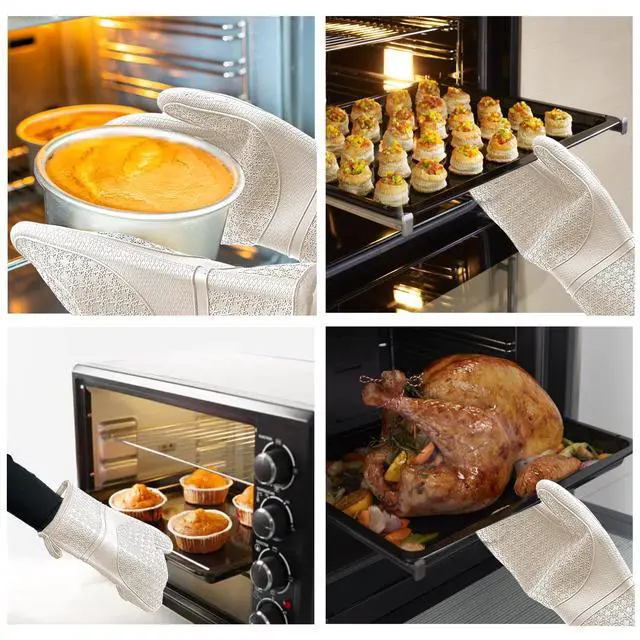 Alt view image 7 of 7 - Silicone Oven Mitts, Heat Resistant 500F Kitchen Mitts 2PCS, 11.6" BPA-Free Soft Baking Gloves, Non-Slip Grip Oven Gloves with Soft Cotton Lining for Kitchen Cooking Baking BBQ - Apricot