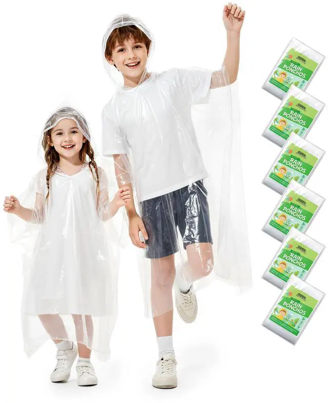 Main image of Rain Ponchos Family Pack Disposable Poncho for Kids with Drawstring Hood, Waterproof, Lightweight & Breathable, Clear & Assorted Colors Emergency Raincoat for Travel, Theme Parks, Concerts