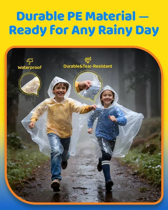 Alt view image 3 of 5 - Rain Ponchos Family Pack Disposable Poncho for Kids with Drawstring Hood, Waterproof, Lightweight & Breathable, Clear & Assorted Colors Emergency Raincoat for Travel, Theme Parks, Concerts