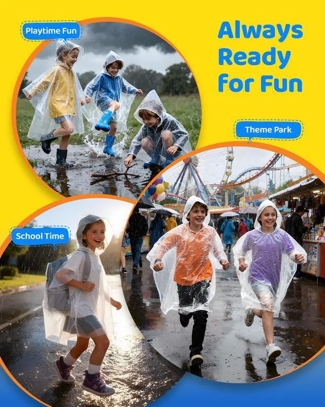 Alt view image 5 of 5 - Rain Ponchos Family Pack Disposable Poncho for Kids with Drawstring Hood, Waterproof, Lightweight & Breathable, Clear & Assorted Colors Emergency Raincoat for Travel, Theme Parks, Concerts