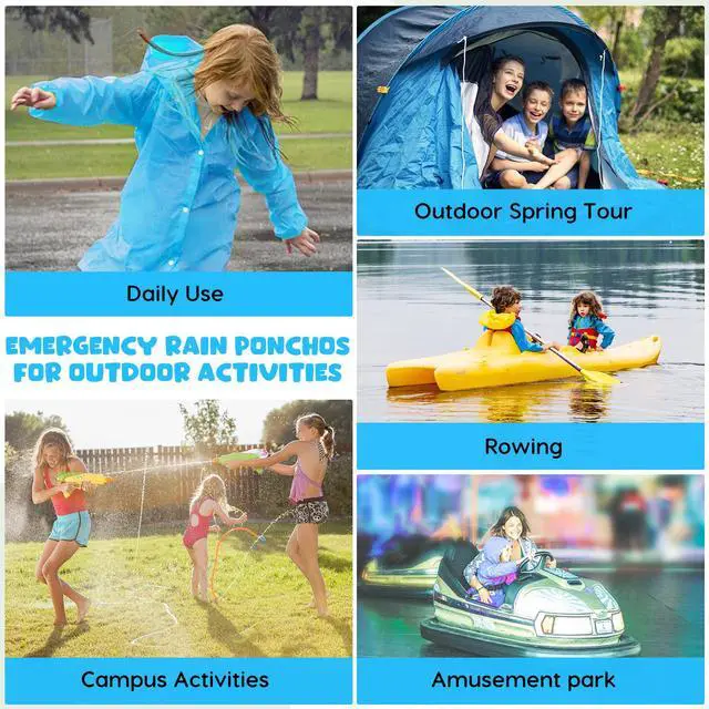 Alt view image 2 of 7 - Rain Ponchos for Kids, Reusable Raincoats for Boys Girls with Hood and Sleeves, Waterproof Rain Jackets for Travel Outdoor Blue+Pink