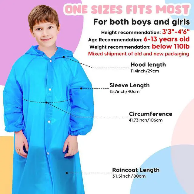 Alt view image 3 of 7 - Rain Ponchos for Kids, Reusable Raincoats for Boys Girls with Hood and Sleeves, Waterproof Rain Jackets for Travel Outdoor Blue+Pink