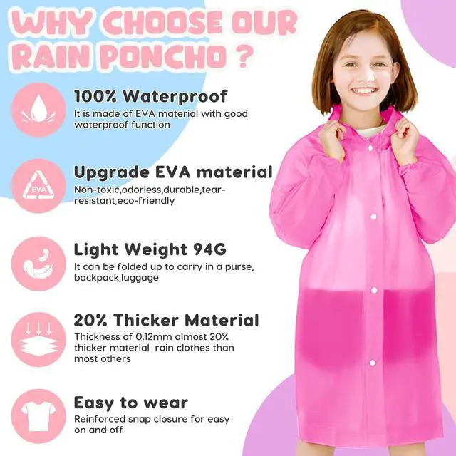 Alt view image 4 of 7 - Rain Ponchos for Kids, Reusable Raincoats for Boys Girls with Hood and Sleeves, Waterproof Rain Jackets for Travel Outdoor Blue+Pink