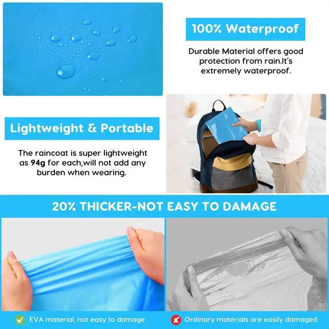 Alt view image 6 of 7 - Rain Ponchos for Kids, Reusable Raincoats for Boys Girls with Hood and Sleeves, Waterproof Rain Jackets for Travel Outdoor Blue+Pink