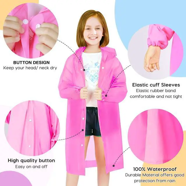 Alt view image 5 of 7 - Rain Ponchos for Kids, Reusable Raincoats for Boys Girls with Hood and Sleeves, Waterproof Rain Jackets for Travel Outdoor Blue+Pink