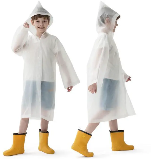 Main image of Rain Ponchos with Hood and Sleeves 2 Pack for Kids | Reusable Rain Poncho with Hood, Long Sleeves, Children Waterproof Rain Coats for Boys and Girls, White