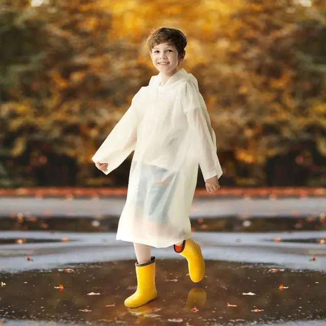 Alt view image 2 of 7 - Rain Ponchos with Hood and Sleeves 2 Pack for Kids | Reusable Rain Poncho with Hood, Long Sleeves, Children Waterproof Rain Coats for Boys and Girls, White