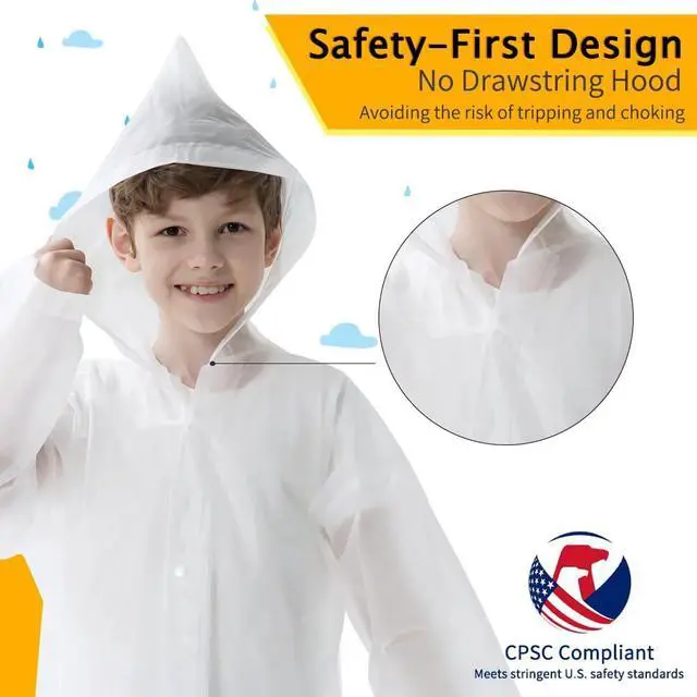 Alt view image 5 of 7 - Rain Ponchos with Hood and Sleeves 2 Pack for Kids | Reusable Rain Poncho with Hood, Long Sleeves, Children Waterproof Rain Coats for Boys and Girls, White