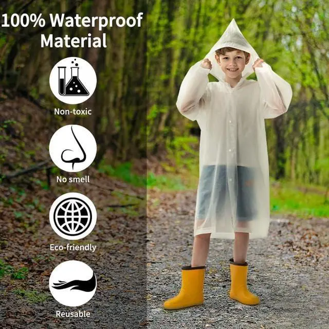Alt view image 7 of 7 - Rain Ponchos with Hood and Sleeves 2 Pack for Kids | Reusable Rain Poncho with Hood, Long Sleeves, Children Waterproof Rain Coats for Boys and Girls, White
