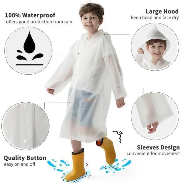 Alt view image 6 of 7 - Rain Ponchos with Hood and Sleeves 2 Pack for Kids | Reusable Rain Poncho with Hood, Long Sleeves, Children Waterproof Rain Coats for Boys and Girls, White