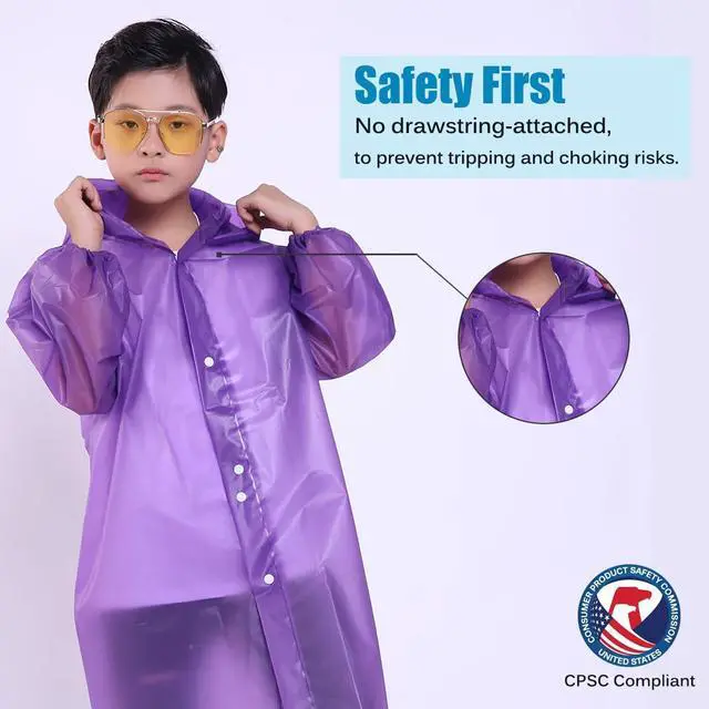 Alt view image 3 of 7 - Kids Rain Jacket, 2 Pack Rain Ponchos for Kids - Reusable Raincoats for Boys and Girls Waterproof Outdoor Rain Gear