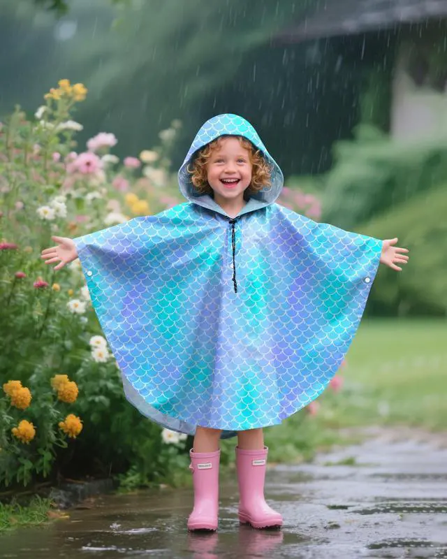 Alt view image 2 of 7 - Kids Rain Poncho with Hooded Reusable Waterproof Lightweight Ponchos Kids Boy Girl Raincoat Outwear