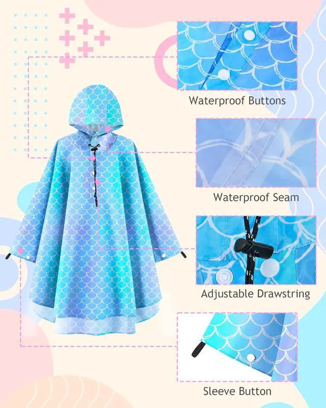 Alt view image 3 of 7 - Kids Rain Poncho with Hooded Reusable Waterproof Lightweight Ponchos Kids Boy Girl Raincoat Outwear