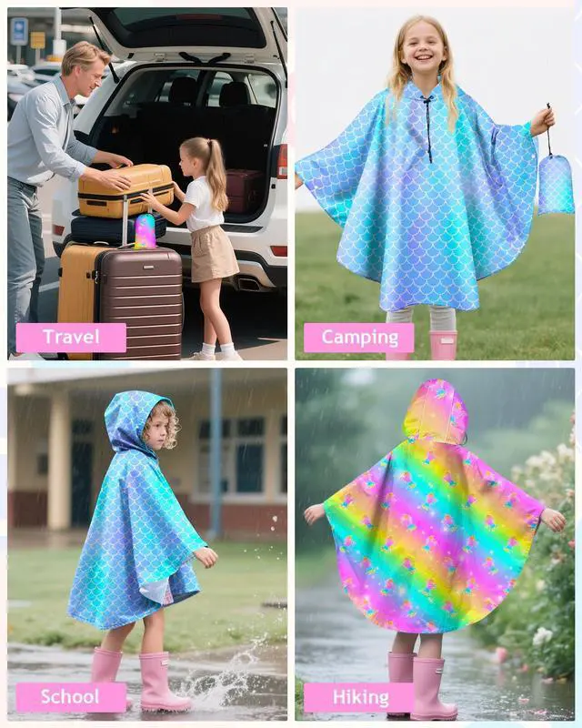 Alt view image 6 of 7 - Kids Rain Poncho with Hooded Reusable Waterproof Lightweight Ponchos Kids Boy Girl Raincoat Outwear