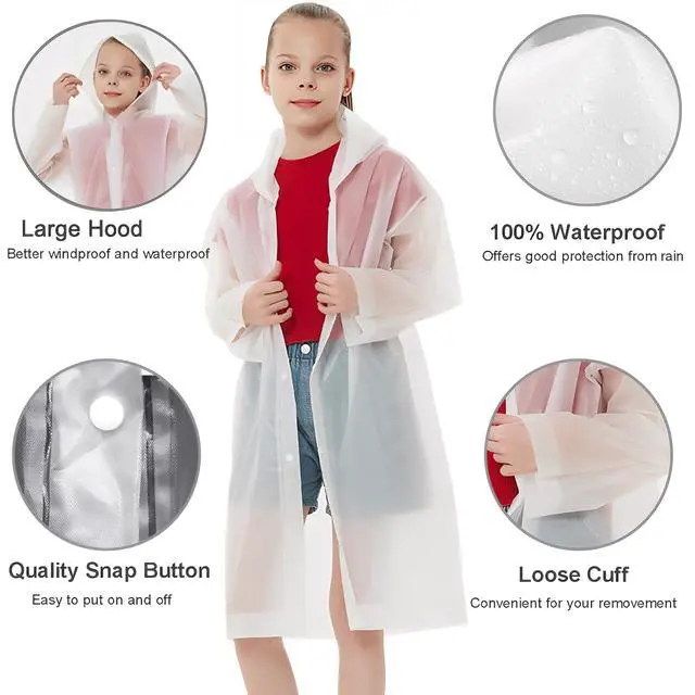Alt view image 3 of 7 - Rain Ponchos Raincoats for Kids, Reusable Boys Girls Rain Jackets Emergency with Hood for Family Disney Travel Outdoor (White+Blue)