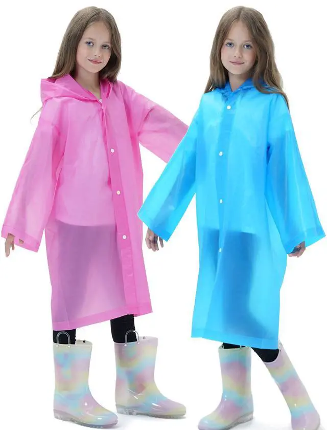 Alt view image 2 of 5 - 2 Pack Raincoats for Kids, Reusable Rain Ponchos with Hood and Sleeves Rain Coats for Boys and Girls Pink&Blue