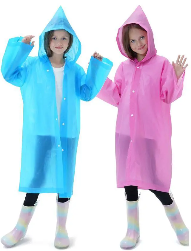 Alt view image 3 of 5 - 2 Pack Raincoats for Kids, Reusable Rain Ponchos with Hood and Sleeves Rain Coats for Boys and Girls Pink&Blue