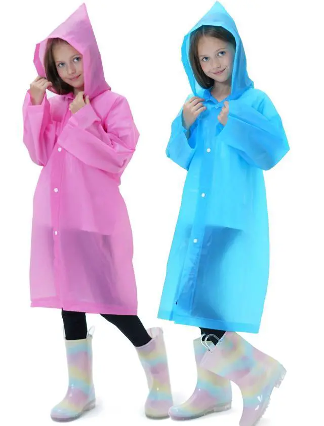 Alt view image 4 of 5 - 2 Pack Raincoats for Kids, Reusable Rain Ponchos with Hood and Sleeves Rain Coats for Boys and Girls Pink&Blue