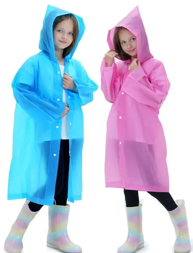 Alt view image 5 of 5 - 2 Pack Raincoats for Kids, Reusable Rain Ponchos with Hood and Sleeves Rain Coats for Boys and Girls Pink&Blue