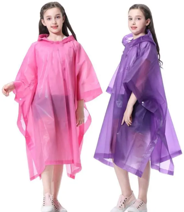 Main image of Kids Rain Poncho 2 Pack, Reusable EVA Rain Coats for Kids Emergency Child Ponchos Jacket with Hood for 6-14 Girls Boys (Pink+Purple)