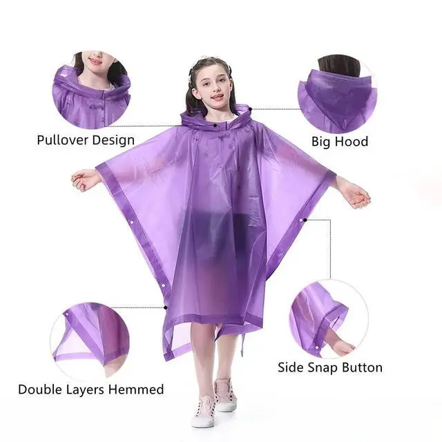Alt view image 2 of 7 - Kids Rain Poncho 2 Pack, Reusable EVA Rain Coats for Kids Emergency Child Ponchos Jacket with Hood for 6-14 Girls Boys (Pink+Purple)