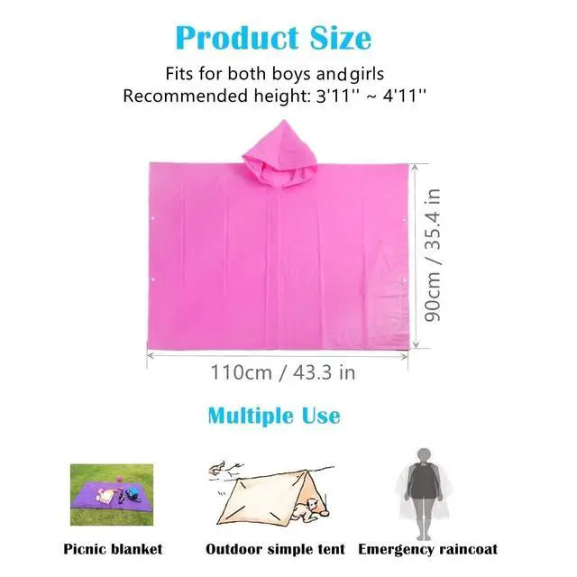 Alt view image 4 of 7 - Kids Rain Poncho 2 Pack, Reusable EVA Rain Coats for Kids Emergency Child Ponchos Jacket with Hood for 6-14 Girls Boys (Pink+Purple)