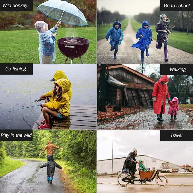 Alt view image 7 of 7 - Kids Rain Poncho 2 Pack, Reusable EVA Rain Coats for Kids Emergency Child Ponchos Jacket with Hood for 6-14 Girls Boys (Pink+Purple)